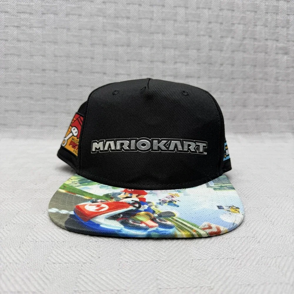 Mario Kart Hat Cap Snapback Adjustable Boys One Size Black Multicolor Logo